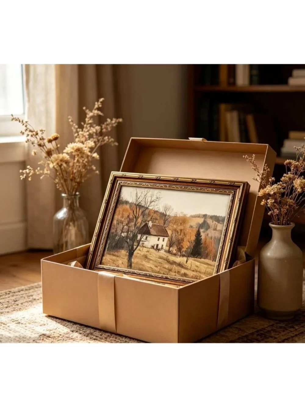 Rustic Vintage Gold Framed Autumn Wall Art - Farmhouse Landscape Canvas Print